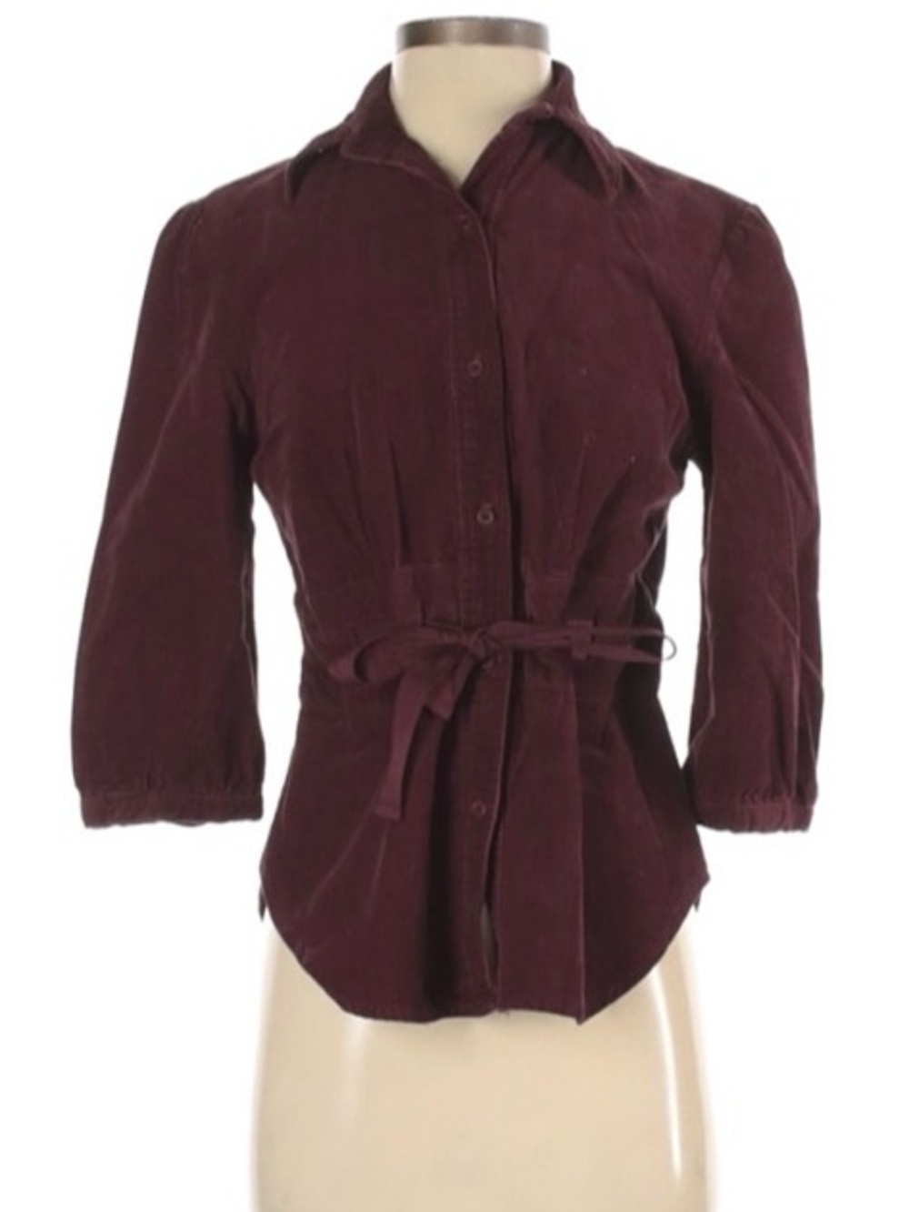 AUTOGRAPH NEW YORK Women's Burgundy Corduroy Button-Front Tie-Waist Belted Top